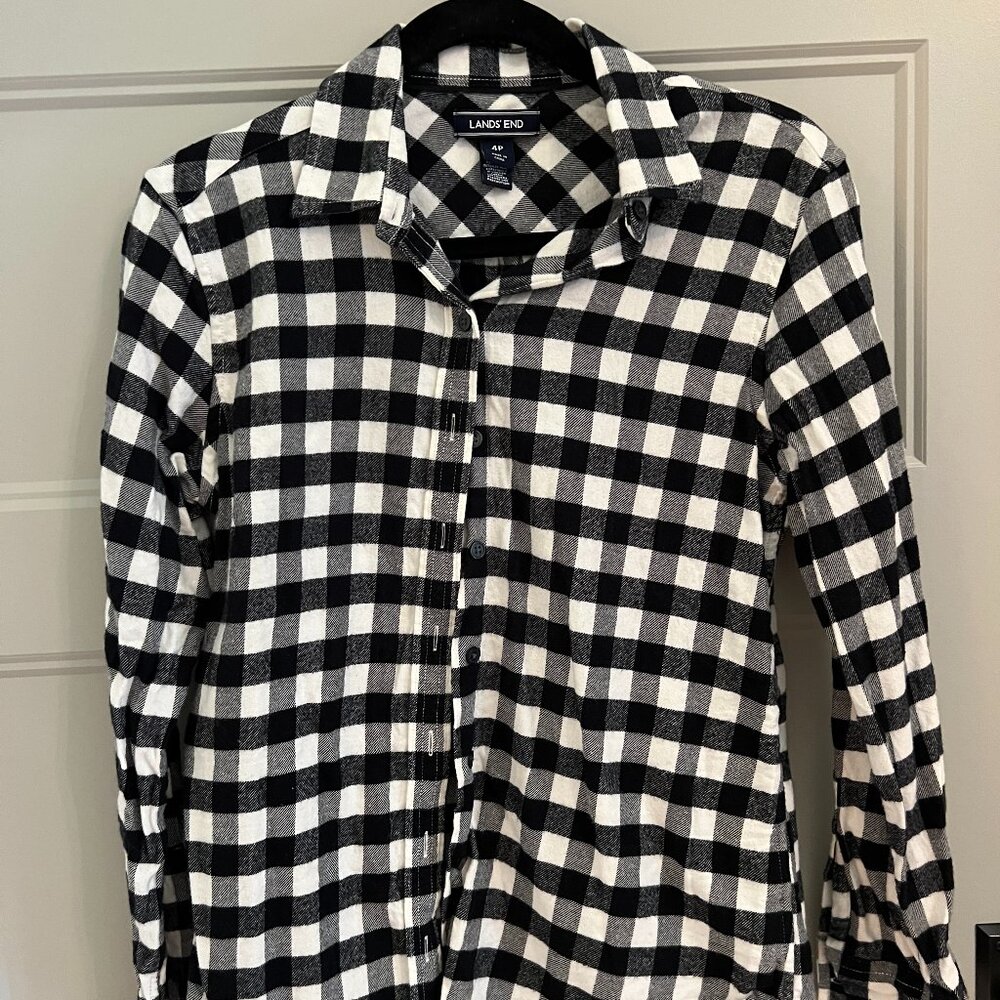 Lands' End Black and White Plaid Buffalo Check Flannel Shirt Size 4 Petite